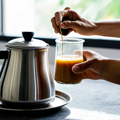 Home 11 A person with modest, everyday clothing gently pouring hot water from a kettle into a traditional metal Vietnamese phin filter, which is set atop a clear glass containing a visible layer of sweetened condensed milk. The scene is a clean, well-lit kitchen countertop with soft, natural light, emphasizing the slow, meditative drip of the rich coffee. A can of condensed milk and a small spoon are visible in the background on the polished surface. The focus is on the authentic, step-by-step preparation process. fully clothed, appropriate attire, safe for work, perfect anatomy, correct proportions, natural pose, well-formed hands, proper finger count, natural body proportions, high quality, professional photography, family-friendly.