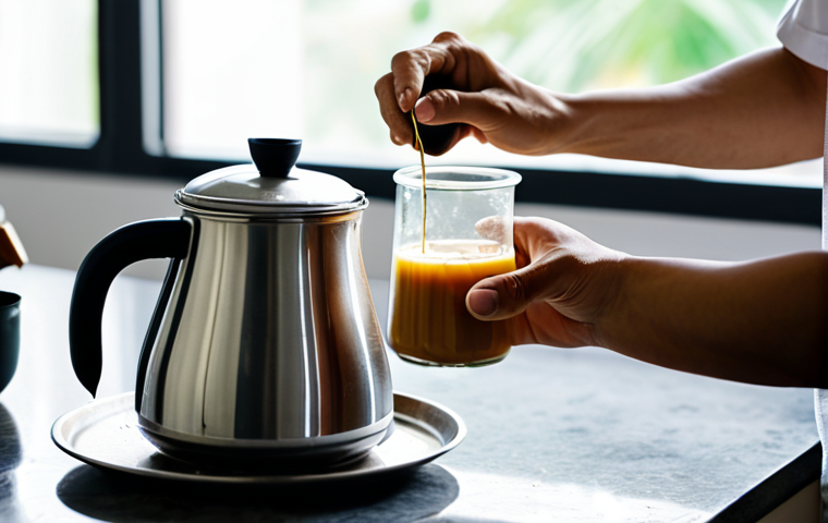 A person with modest, everyday clothing gently pouring hot water from a kettle into a traditional metal Vietnamese phin filter, which is set atop a clear glass containing a visible layer of sweetened condensed milk. The scene is a clean, well-lit kitchen countertop with soft, natural light, emphasizing the slow, meditative drip of the rich coffee. A can of condensed milk and a small spoon are visible in the background on the polished surface. The focus is on the authentic, step-by-step preparation process. fully clothed, appropriate attire, safe for work, perfect anatomy, correct proportions, natural pose, well-formed hands, proper finger count, natural body proportions, high quality, professional photography, family-friendly.