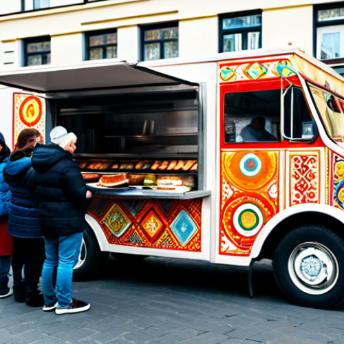 Home 6 **
"A colorful food truck parked in a bustling Moscow street, selling blini with various fillings. The truck is decorated with яркие цвета and traditional Russian patterns. People are lined up to order, laughing and enjoying the atmosphere. Focus on the delicious-looking blini. Safe for work, appropriate content, fully clothed patrons, professional food photography, high quality, perfect anatomy, natural proportions, family-friendly."
**