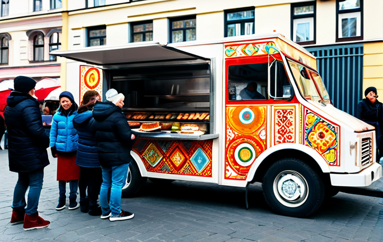 **

"A colorful food truck parked in a bustling Moscow street, selling blini with various fillings. The truck is decorated with яркие цвета and traditional Russian patterns. People are lined up to order, laughing and enjoying the atmosphere. Focus on the delicious-looking blini. Safe for work, appropriate content, fully clothed patrons, professional food photography, high quality, perfect anatomy, natural proportions, family-friendly."

**