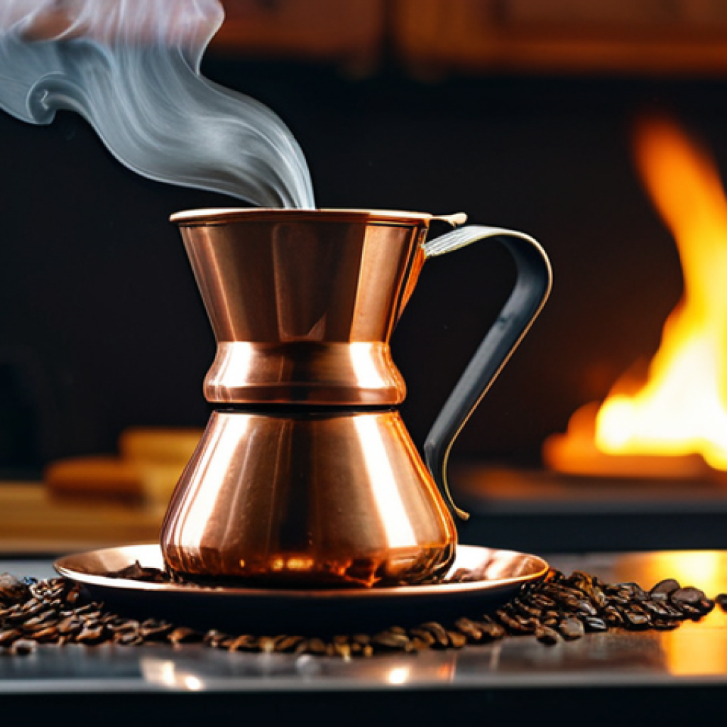 터키식 커피 제조법 - Turkish Coffee Brewing Ritual**
A close-up, highly detailed shot of a traditional, polished copper c...