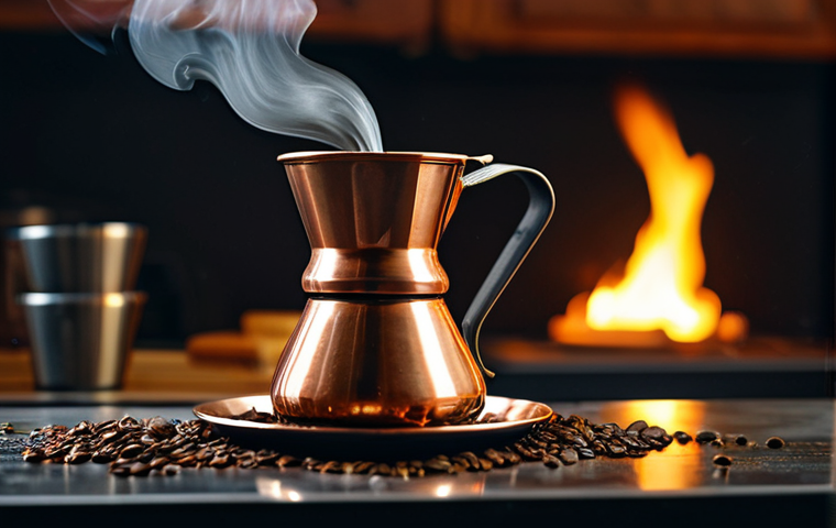 터키식 커피 제조법 - Turkish Coffee Brewing Ritual**
A close-up, highly detailed shot of a traditional, polished copper c...