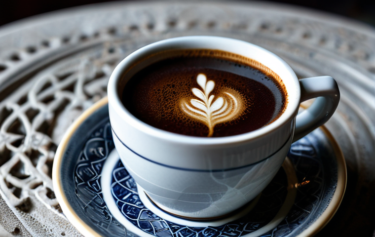 터키식 커피 제조법 - Turkish Coffee Brewing Ritual**
A close-up, highly detailed shot of a traditional, polished copper c...