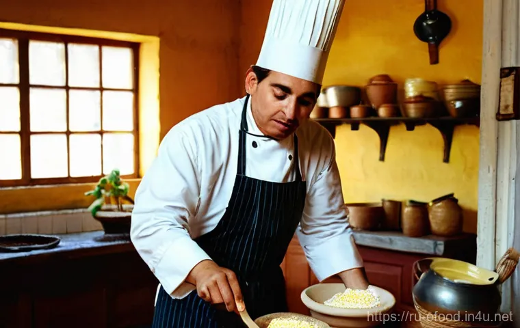 파라과이 요리 수파파라과야 - **Prompt 2: The "Happy Accident" of Sopa Paraguaya's Creation**
"In a vintage 19th-century kitch...