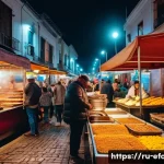 Home 22 남미 길거리 음식 비교 - A vibrant South American street food market scene at sunset, featuring colorful food stalls with aut...