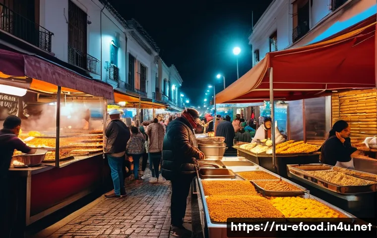 남미 길거리 음식 비교 - A vibrant South American street food market scene at sunset, featuring colorful food stalls with aut...