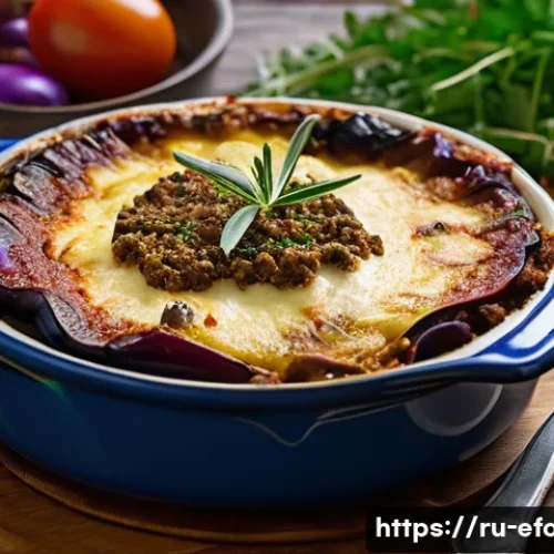 Home 33 그리스 전통 요리 무사카 - A rustic Mediterranean kitchen scene featuring a traditional moussaka dish on a wooden table, showca...