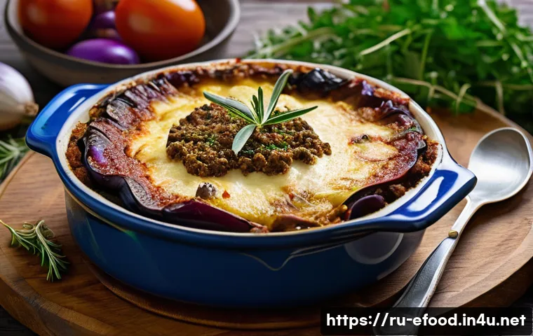 그리스 전통 요리 무사카 - A rustic Mediterranean kitchen scene featuring a traditional moussaka dish on a wooden table, showca...