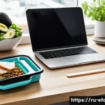 Home 20 영양소 풍부한 간편식 - A neatly organized workspace with a portable lunchbox containing a balanced meal for a busy professi...