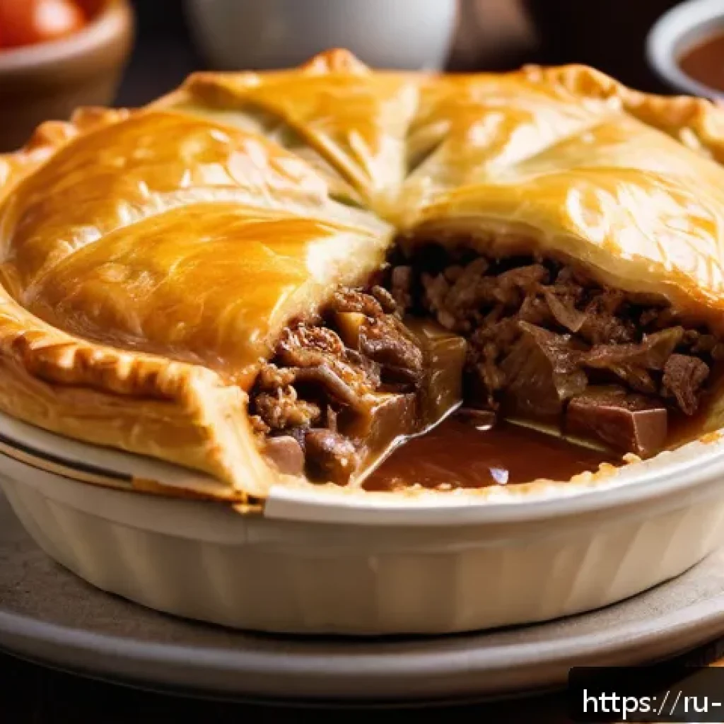 호주 전통 음식 미트파이 - A close-up, highly detailed image of a traditional Australian meat pie on a rustic wooden table, fil...