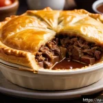 Home 19 호주 전통 음식 미트파이 - A close-up, highly detailed image of a traditional Australian meat pie on a rustic wooden table, fil...