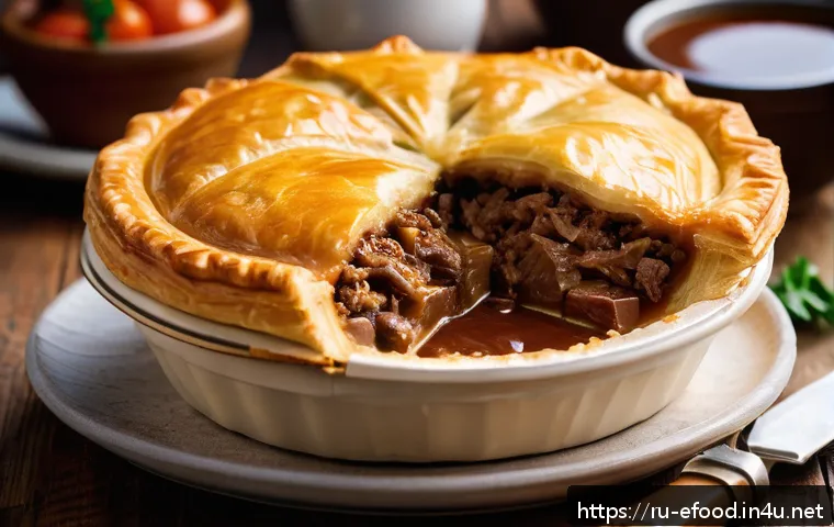 호주 전통 음식 미트파이 - A close-up, highly detailed image of a traditional Australian meat pie on a rustic wooden table, fil...