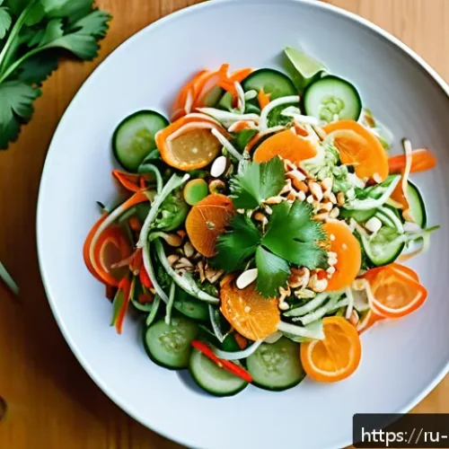 Home 30 미얀마 샐러드 레파드 - A vibrant Burmese salad displayed on a large flat white ceramic platter, featuring thinly sliced fre...