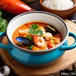 Home 23 브라질 전통 요리 무케카 - A vibrant and authentic Brazilian seafood moqueca stew in a rustic clay pot, filled with fresh white...