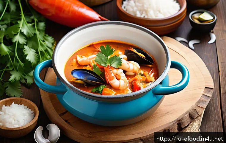 브라질 전통 요리 무케카 - A vibrant and authentic Brazilian seafood moqueca stew in a rustic clay pot, filled with fresh white...