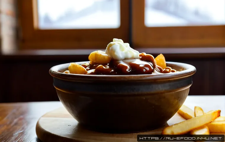 캐나다 전통 요리 푸틴 - Photorealistic close-up of classic Canadian poutine in a rustic ceramic bowl, crisp golden fries top...